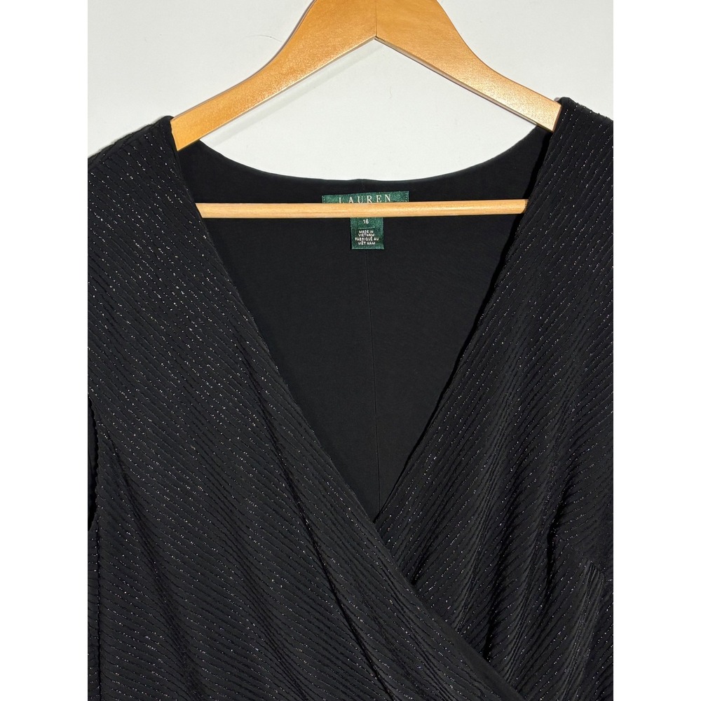 Lauren Ralph Lauren Dress Sz 16 Black Metallic Faux Wrap Ruched Sheath Shimmer - Picture 2 of 11
